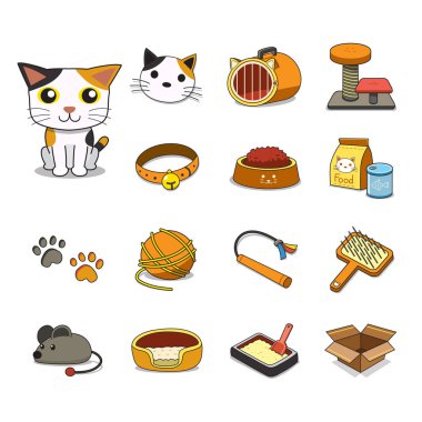 Çizgi film karakteri kedi ve set tasarımı için aksesuarlar.