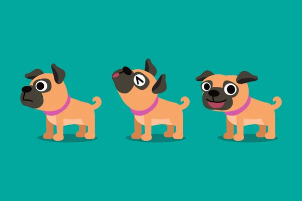 Instellen Van Vector Cartoon Karakter Schattig Pug Dog Poses Voor — Stockvector