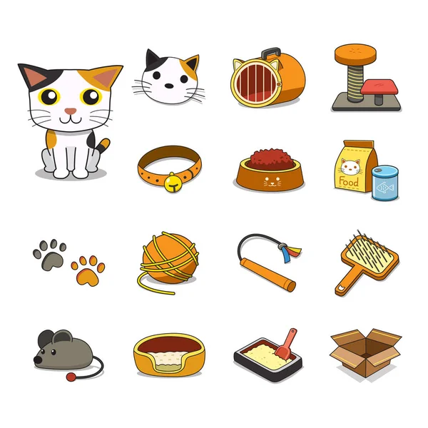 Çizgi film karakteri kedi ve set tasarımı için aksesuarlar.