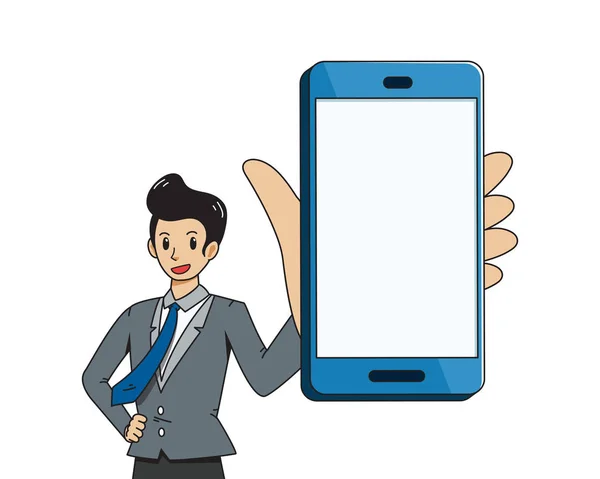 Vector Cartoon Businessman Big Smartphone Design — Stock Vector