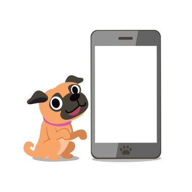 Vektör karikatür karakter pug köpek ve tasarım için smartphone.