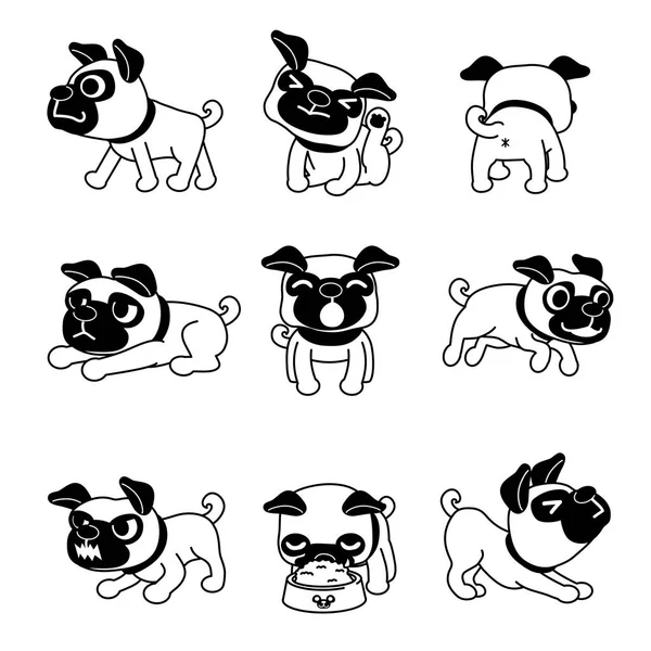 Vector Cartoon Character Cute Pug Dog Poses Design — Stock Vector