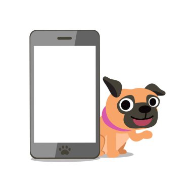 Vektör karikatür karakter pug köpek ve tasarım için smartphone.
