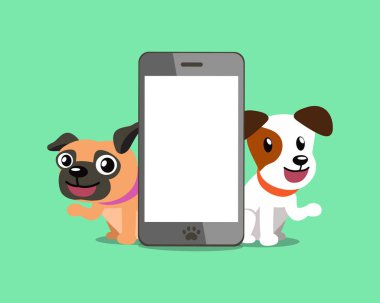 Çizgi film karakteri jack russell terrier köpek ve tasarım için smartphone ile köpek pug.