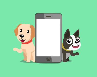Çizgi film karakteri labrador retriever köpek ve boston terrier köpek ile smartphone tasarım için.