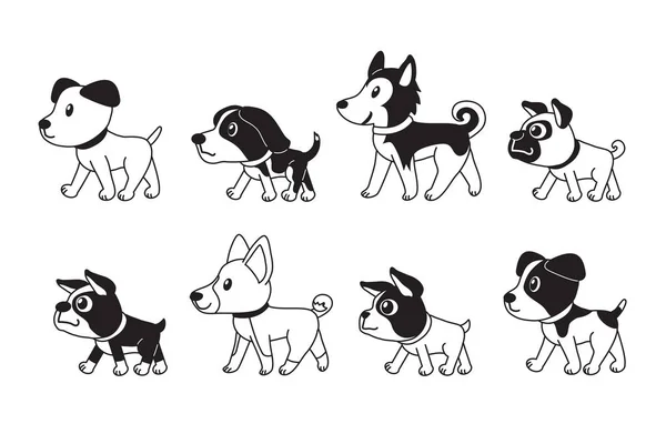 Different Type Cute Dogs Walking Vector Cartoon Illustration Design — Stock Vector