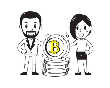 Cryptocurrency kavramı işadamı ve büyük para yığını vektör ile işkadını illüstrasyon tasarımı için çizgi film.