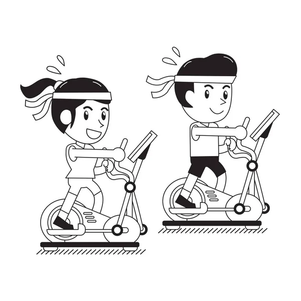 Cartoon Man Woman Exercising Elliptical Machines Design — Stock Vector