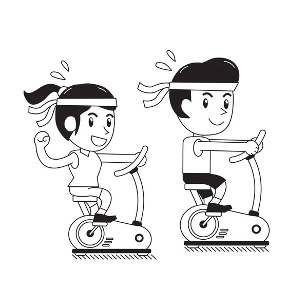 Cartoon Man Woman Riding Exercise Bikes Design — Stock Vector