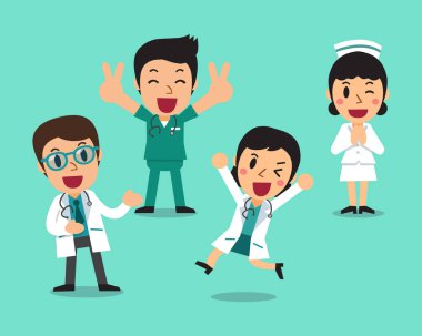 Karakter doktorlar ve hemşireler vektör karikatür çizim tasarım kümesi.