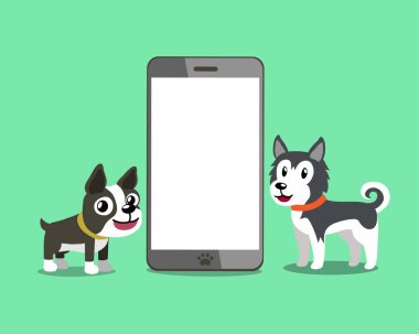 Çizgi film karakteri boston terrier köpek ve tasarım için smartphone ile Sibirya husky köpek.