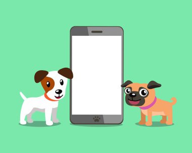 Çizgi film karakteri jack russell terrier köpek ve tasarım için smartphone ile köpek pug.