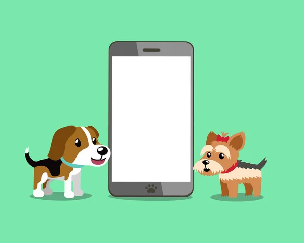 Zeichentrickfigur Beagle Dog Und Yorkshire Terrier Dog Mit Smartphone Für — Stockvektor