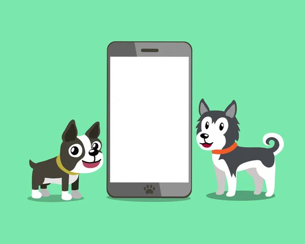 Cartoon Character Boston Terrier Dog Siberian Husky Dog Smartphone Design — Stock Vector