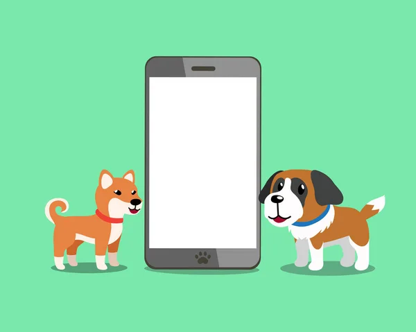 Zeichentrickfigur Shiba Inu Hund Und Heiliger Bernard Hund Mit Smartphone — Stockvektor