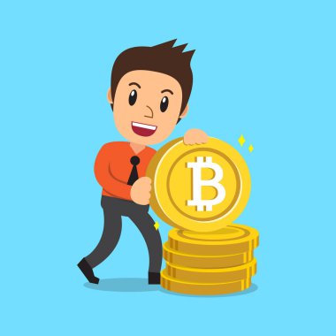 Cryptocurrency konsept tasarımı için büyük paralar ile bir iş adamı.