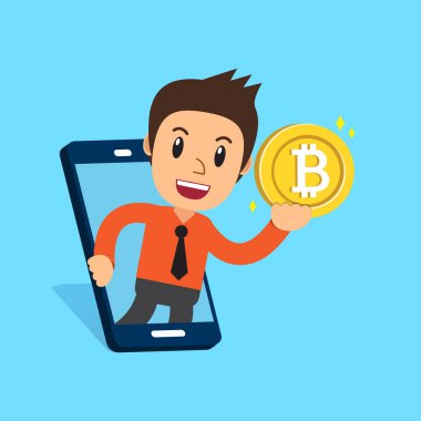 Vektör çizgi film cryptocurrency kavramı mutlu işadamı smartphone ve tasarım için para ile.