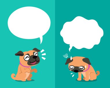 Tasarım için konuşma balonları ile farklı duygular ifade vektör karikatür karakter sevimli pug köpek.