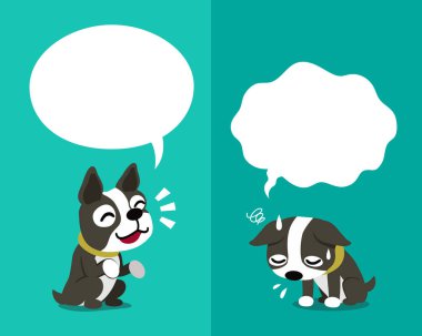 Vektör karikatür karakter sevimli boston terrier köpek tasarımı için konuşma balonları ile farklı duygular ifade.