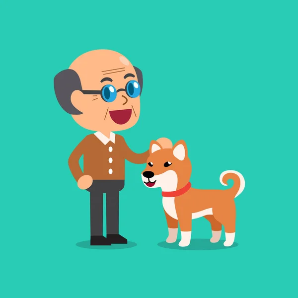 Vector Cartoon Gelukkig Senior Man Met Schattige Shiba Inu Hond — Stockvector