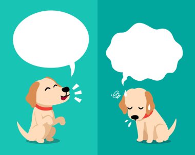 Tasarım için konuşma balonları ile farklı duygular ifade vektör karikatür karakter sevimli labrador köpek.