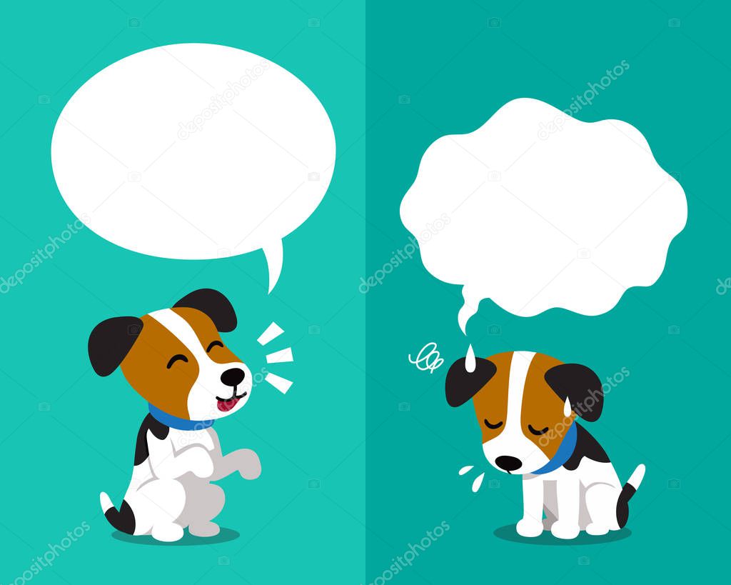 Vector cartoon character jack russell terrier dog expressing different emotions with speech bubbles for design.