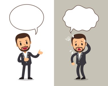 Vektör karikatür karakter tasarımı için konuşma balonları ile farklı duygular ifade bir adam.