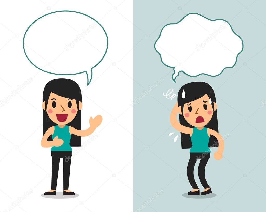 Vector cartoon character a woman expressing different emotions with speech bubbles for design.
