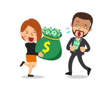 Vector cartoon happy business woman earns more money than business man for design. clipart