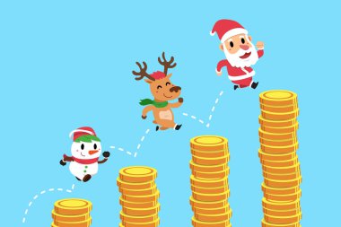Vektör karikatür Noel karakter Noel Baba ve tasarım için para yığınları üstünden atlayarak arkadaş.