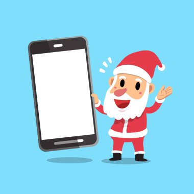 Vektör çizgi film Noel Baba tutarak büyük smartphone tasarım için.