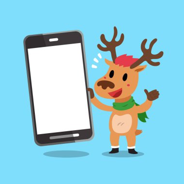 Vektör karikatür Noel Ren geyiği holding büyük smartphone tasarım için.
