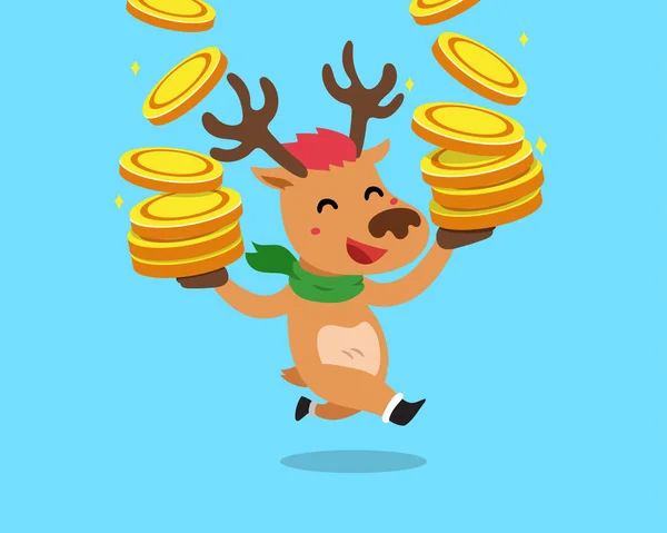 Vector Dibujos Animados Renos Navidad Con Grandes Monedas Dinero Pila — Vector de stock