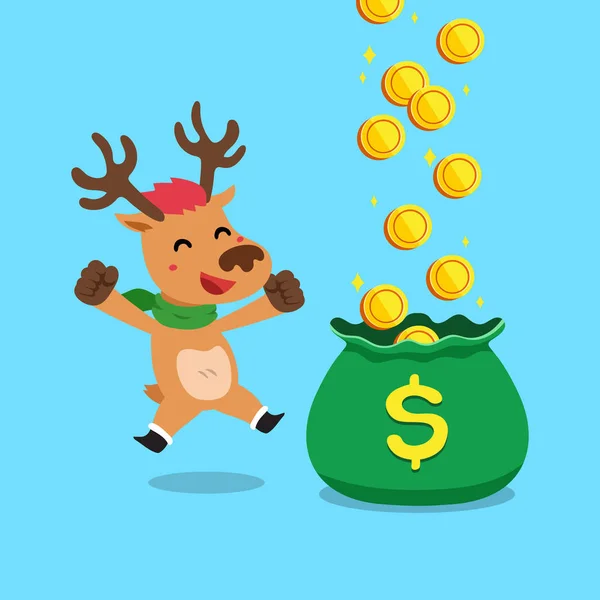 Vector Cartoon Christmas Reindeer Earning Money Design — Stock Vector