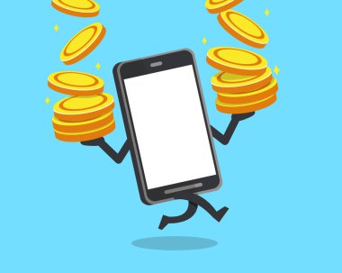Vektör çizgi film karakteri smartphone tasarım için büyük para sikke yığını ile.
