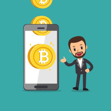 Çizgi film cryptocurrency kavram smartphone yardım işadamı tasarım için para kazanmak için.