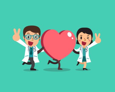Vektör çizgi film kadın doktor ve tasarım için büyük kalp işareti ile erkek doktor.