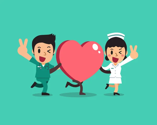 卡通矢量女护士和男护士与大心脏标志的设计 — 图库矢量图片
