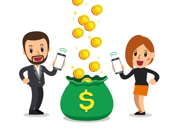 Cartoon Business Man Woman Earning Money Smartphone Design — Stock Vector