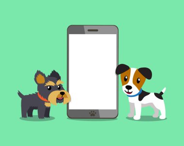 Tasarım için akıllı telefon ile karikatür karakteri jack russell terrier köpek ve yorkshire terrier köpek.