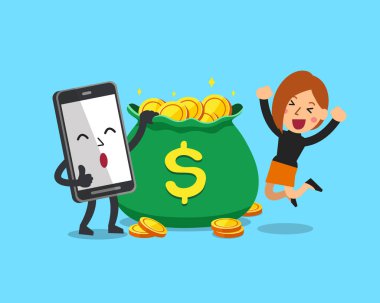 Çizgi film karakteri işkadını ve tasarım için para çantası ile smartphone.