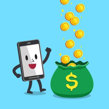 Çizgi film karakteri smartphone ile büyük para çanta tasarımı için.