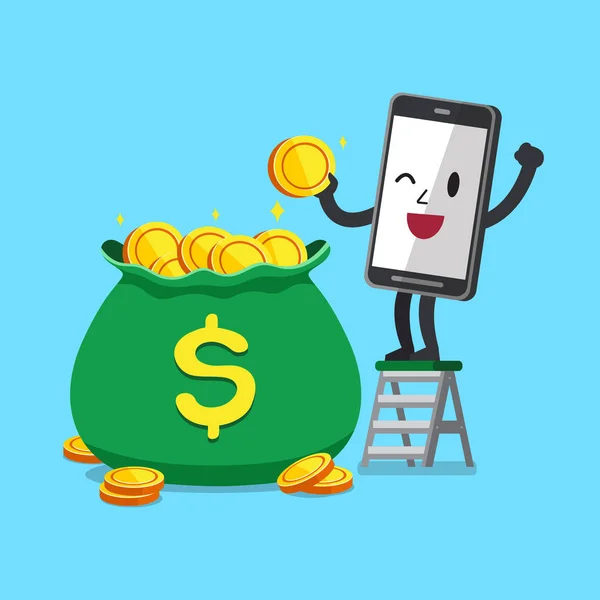 Vector Cartoon Karakter Smartphone Met Grote Geld Tas Voor Ontwerp — Stockvector