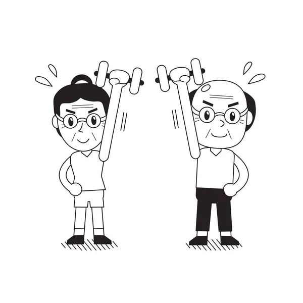 Kartun Pria Dan Wanita Senior Yang Melakukan Latihan Dumbbell Untuk - Stok Vektor