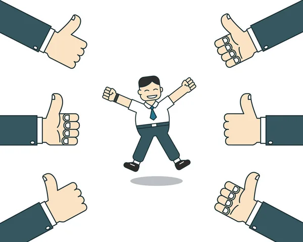 Cartoon Happy Businessman Many Thumbs Hands Design — Stock Vector