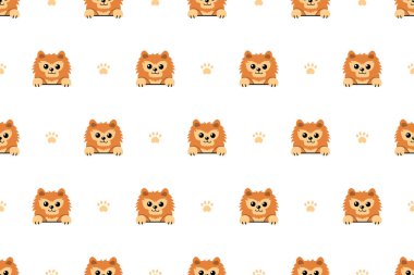Tasarım için vektör çizgi film karakteri Pomeranian köpeğinin kusursuz desen arkaplanı.