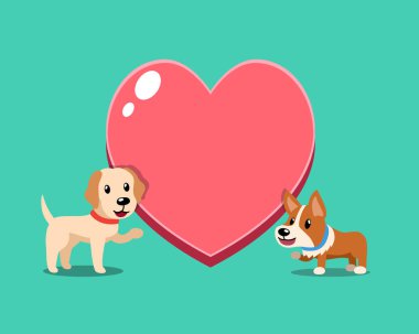 Karikatür karakter sevimli corgi köpek ve labrador retriever köpek tasarım için büyük kalp.