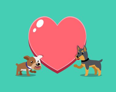 Tasarım için büyük kalp karikatür karakter bulldog ve doberman köpek.