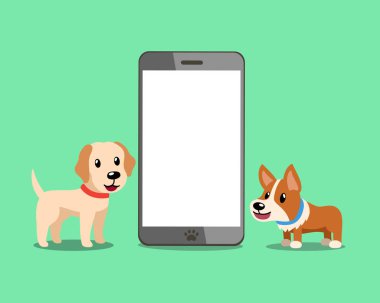 Karikatür karakter sevimli corgi köpek ve labrador retriever köpek ile smartphone tasarım için.