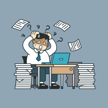 Vektör karikatür tasarım için Office masada oturan kağıtları ile işadamı vurguladı.